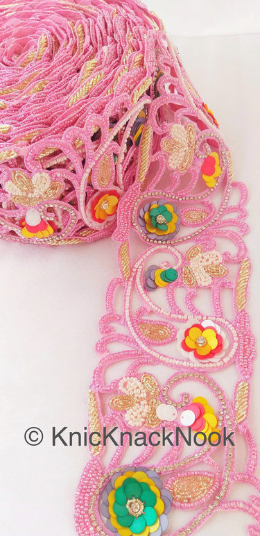 Pink Hand Embroidered Cutwork Beaded Trim, Multicolour Sequins Wedding Sash, Zardozi Sari Border Trim By Yard Decorative Exclusive Fashion